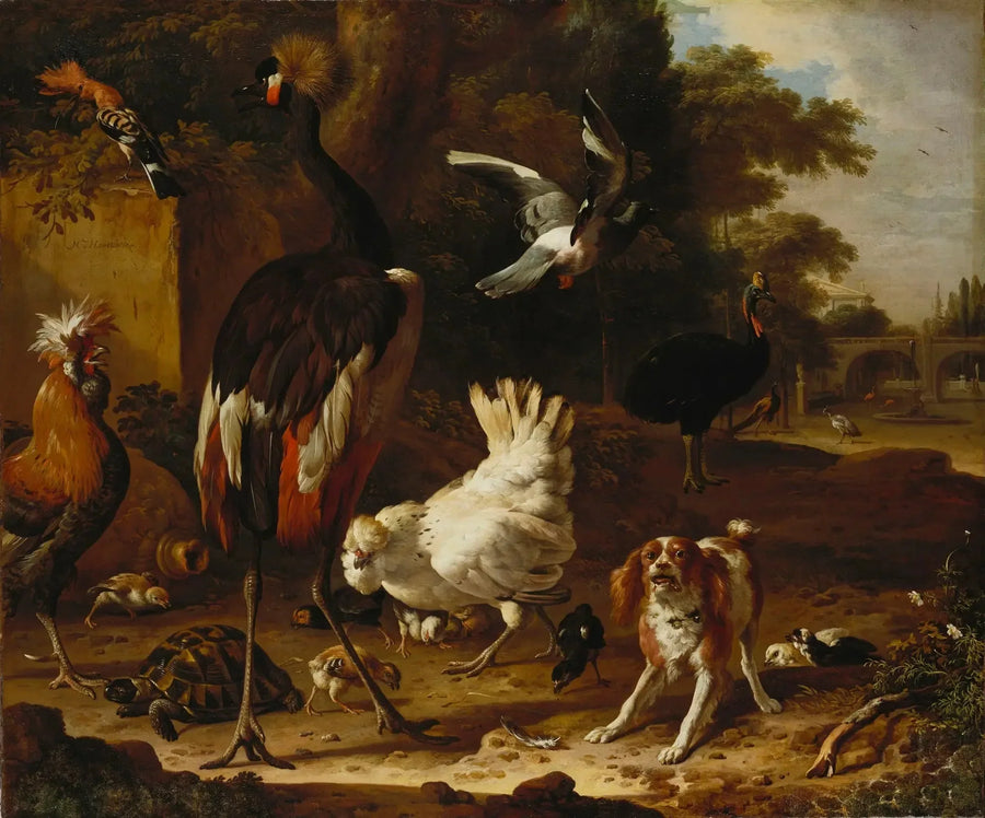 Pássaros e spaniel em um jardim - Melchior de Hondecoeter