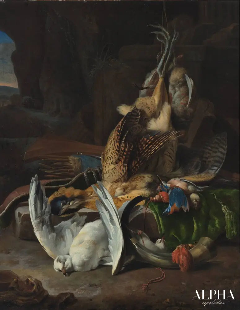 Oiseaux morts et accessoires de chasse - Melchior d'Hondecoeter - Reproductions de tableaux et peintures haut de gamme