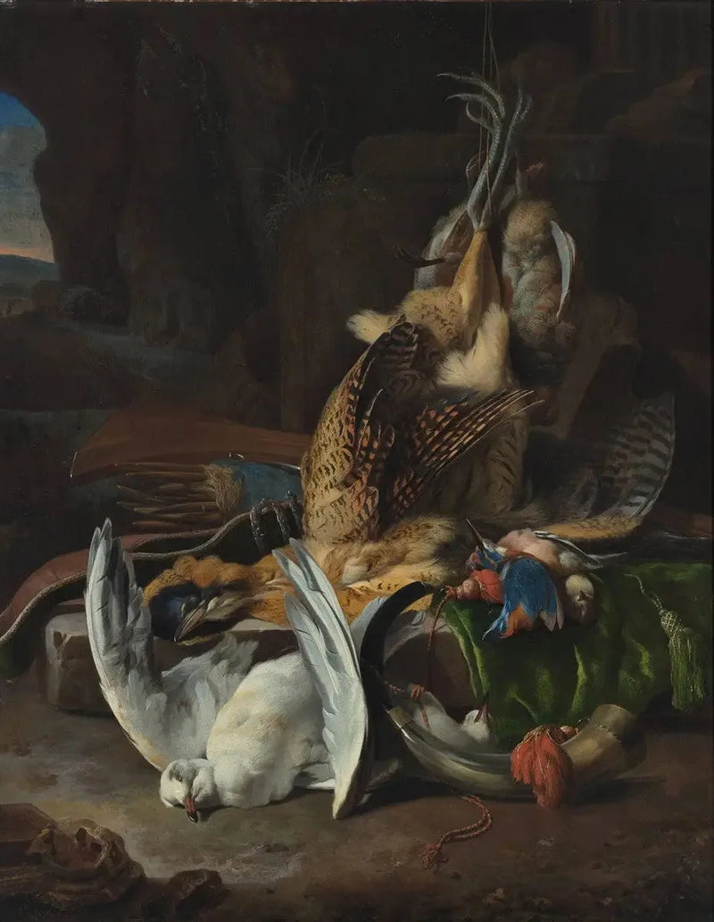 Pássaros mortos e acessórios de caça - Melchior de Hondecoeter