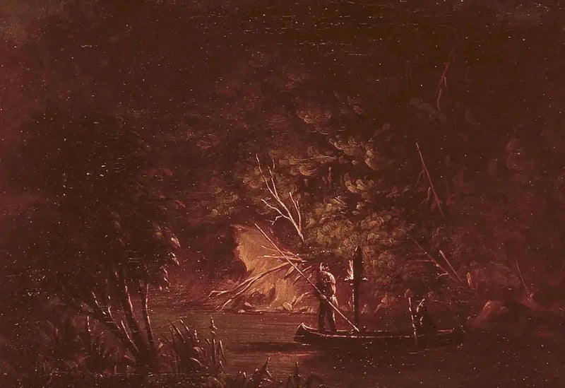 Ojibwé pescando salmão à luz de tochas - George Catlin