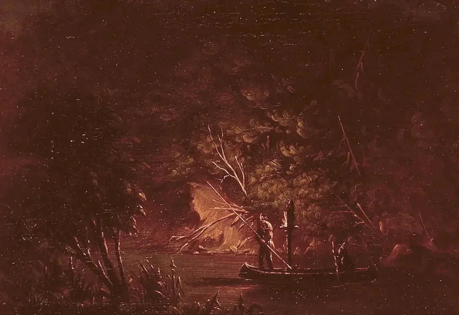 Ojibwé pescando salmão à luz de tochas - George Catlin