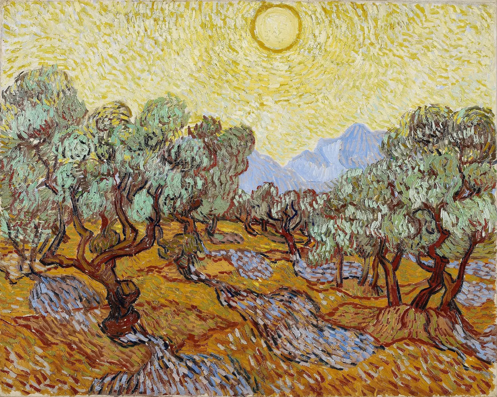 Oliviers avec ciel jaune et soleil - Vincent van Gogh image 1 copie peinte à la main à l’huile