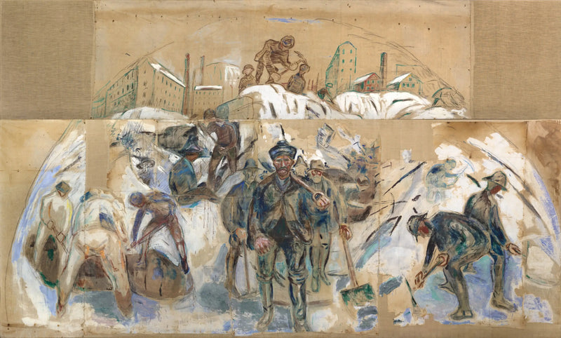 Trabalhadores no canteiro de obras. Esboço para um decorado da prefeitura de Oslo - Edvard Munch