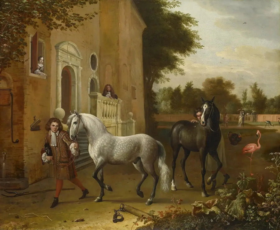 Cavaleiros com cavalos, um cinza e um castanho escuro, no castelo de Nijenrode - Melchior de Hondecoeter