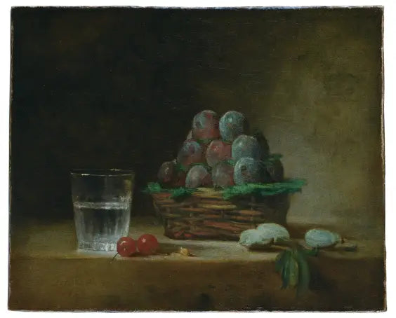 Cesto de ameixas, copo de água, cerejas - Jean Simeón Chardin