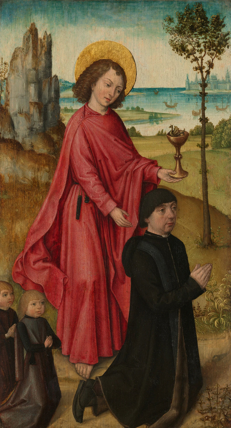 Panneau gauche d'un triptyque : un donateur avec deux fils et Jean l'évangéliste - Maître de la Légende de sainte Ursule de Bruges