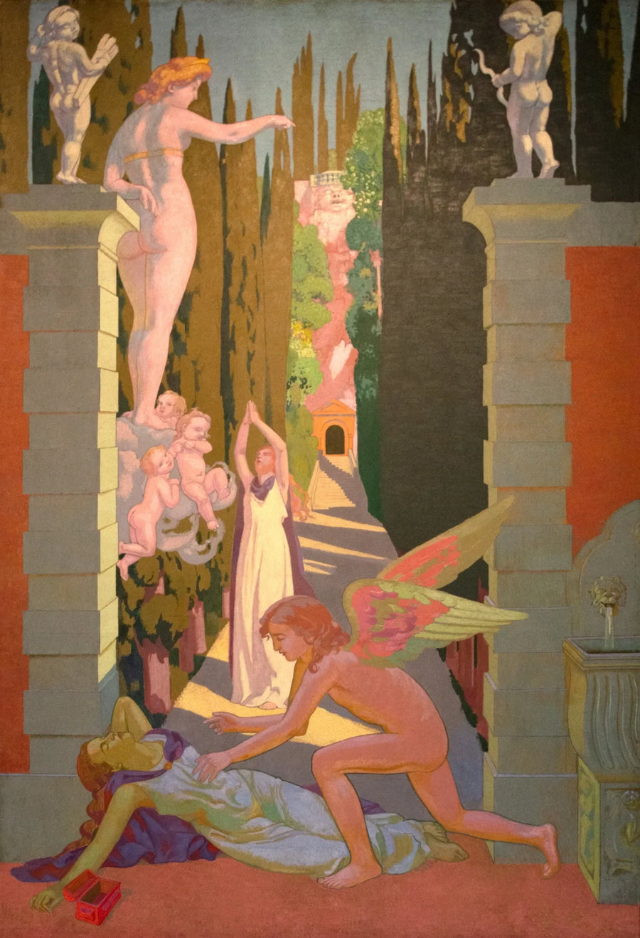Painel IV. Submetida por Vênus às provas mais difíceis, Psique, infelizmente, cede uma segunda vez à curiosidade: nesta situação, ela é socorrida pelo Amor - Maurice Denis