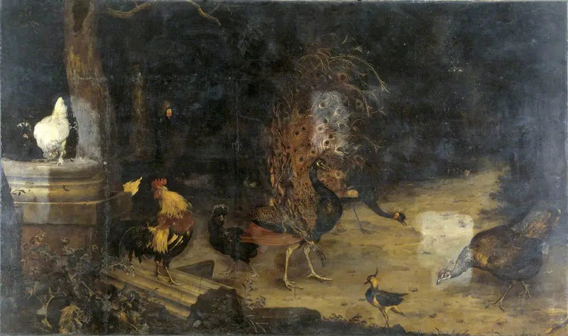 Pavão e gruas em uma floresta - Melchior de Hondecoeter