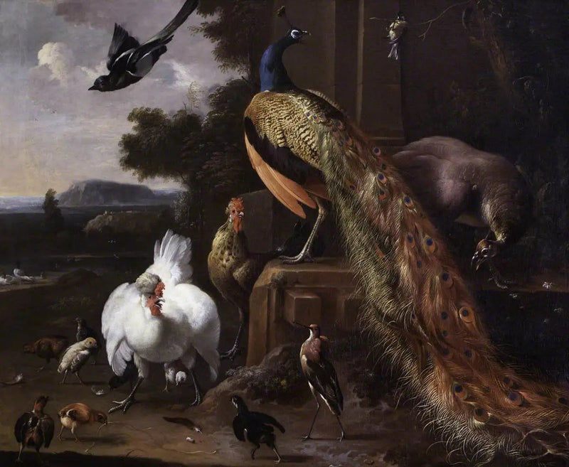 Pavões e aves de capoeira com uma pie em uma paisagem - Melchior de Hondecoeter