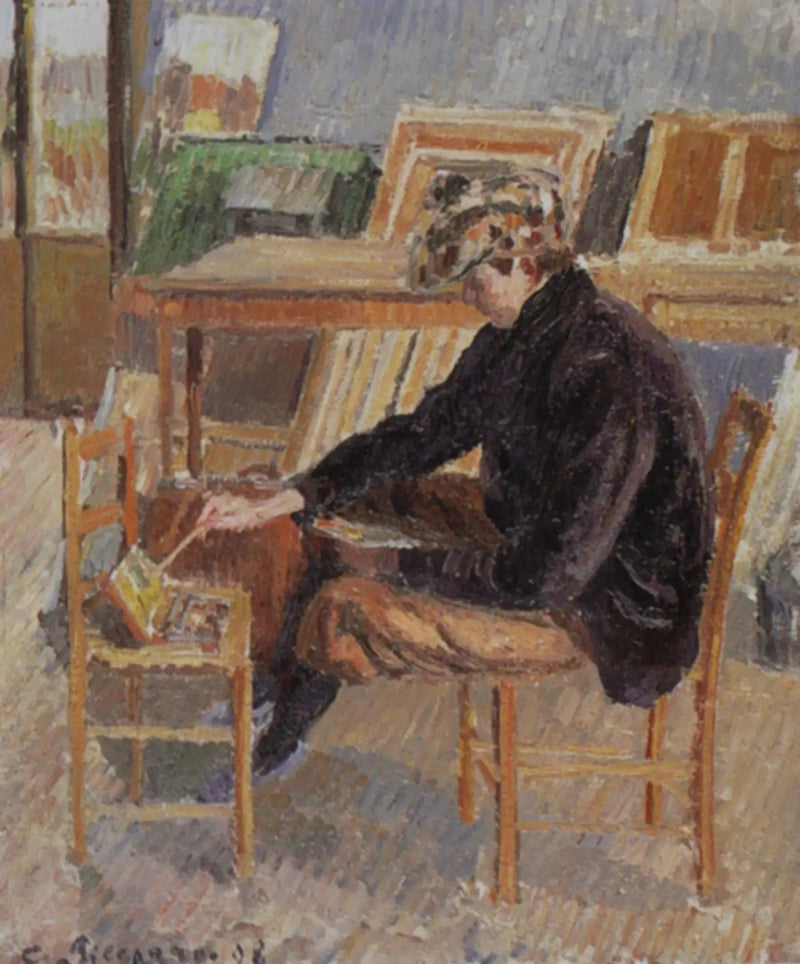Paul-Émile Pissarro pintando, esboço - Camille Pissarro