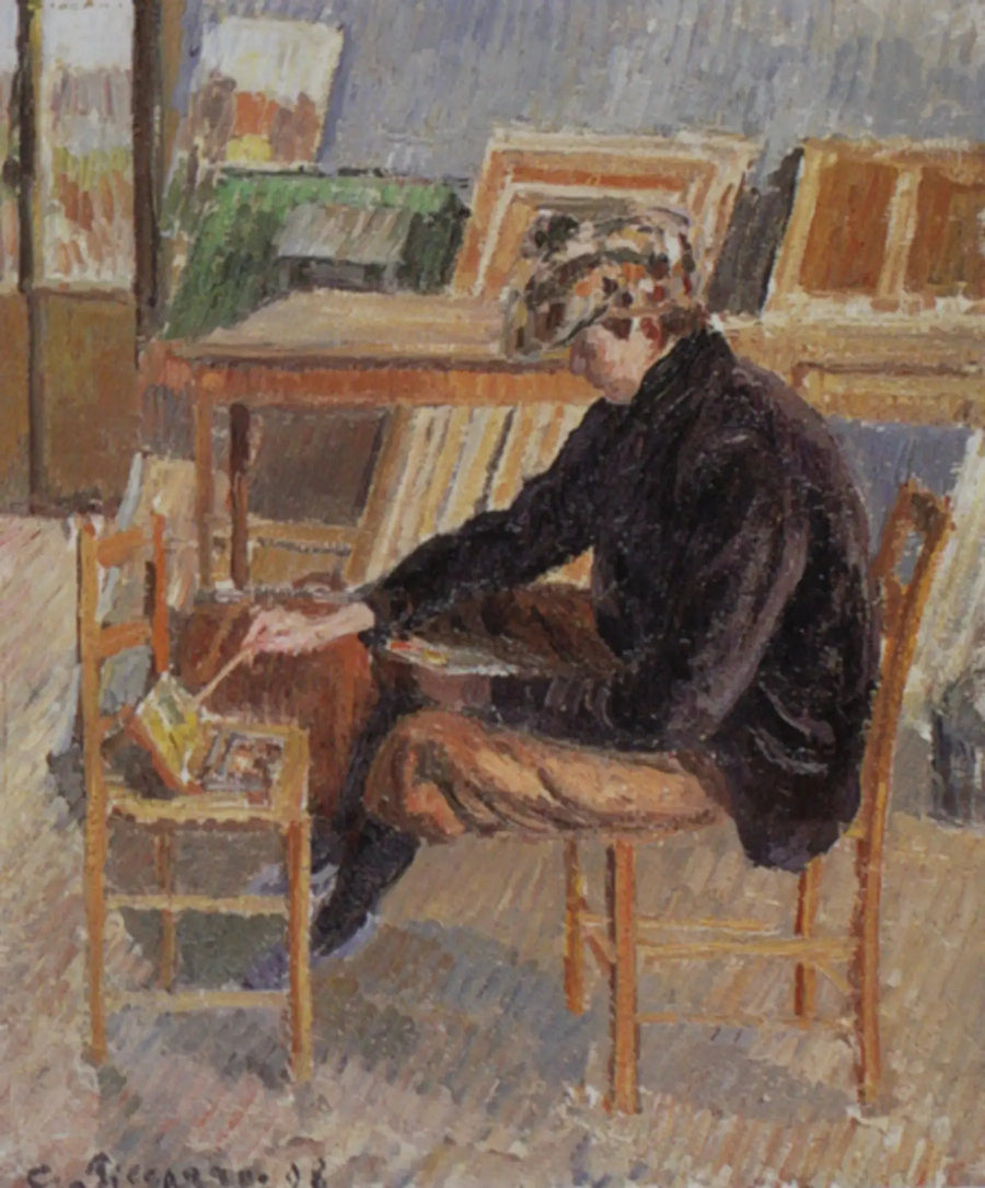 Paul-Émile Pissarro pintando, esboço - Camille Pissarro