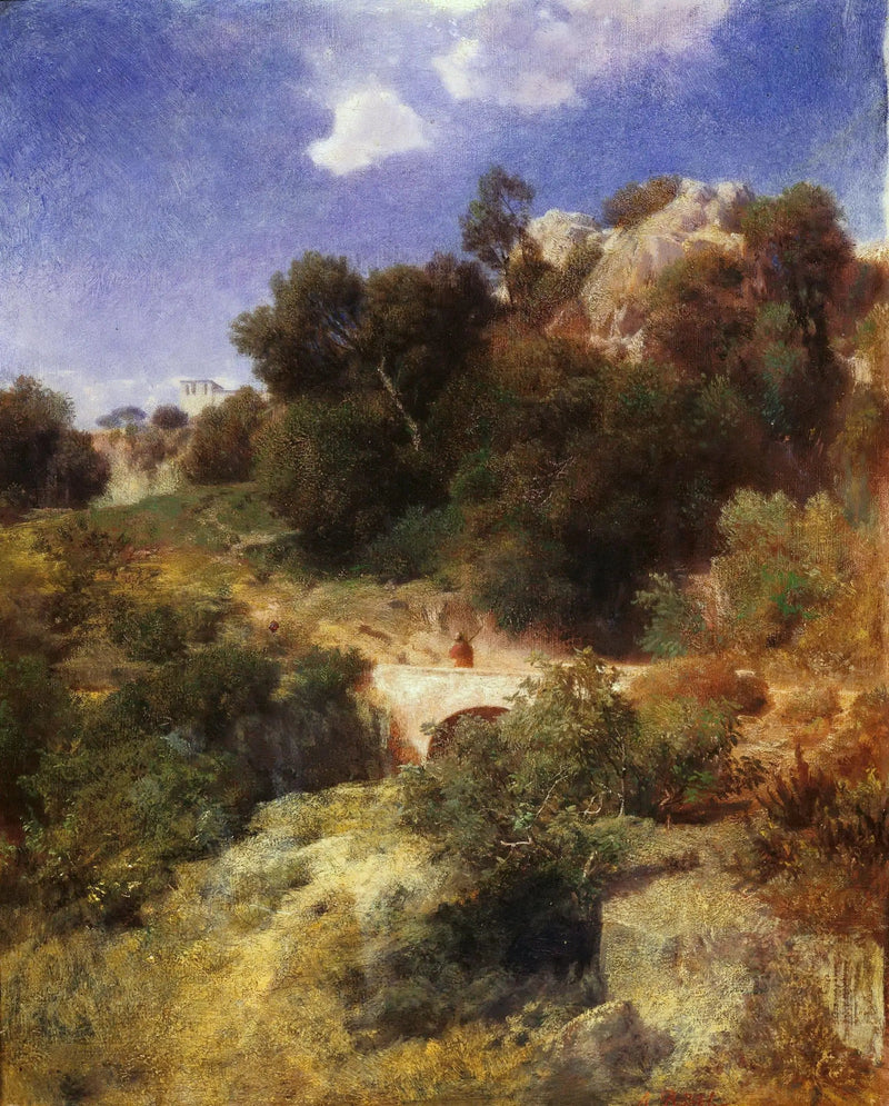 País ondulado rochoso com ponte - Arnold Böcklin