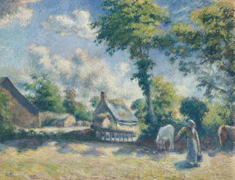 Paisagem em Melleray, mulher dando água a cavalos - Camille Pissarro