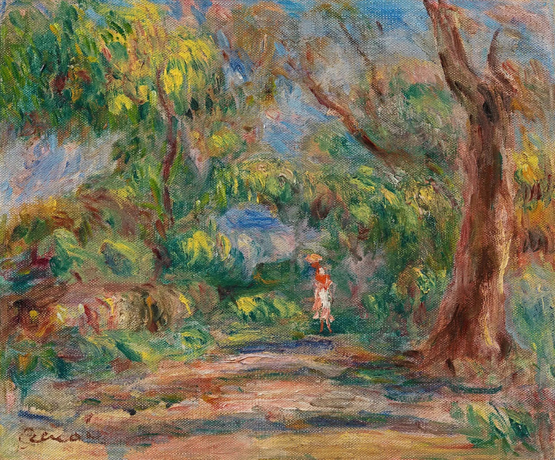 Paisagem, caminho de fazenda com mulher em vermelho e branco - Pierre-Auguste Renoir