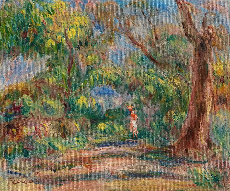 Paisagem, caminho de fazenda com mulher em vermelho e branco - Pierre-Auguste Renoir
