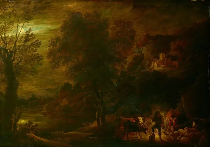 Paisagem ao luar com pastores ao fogo - David Teniers Júnior