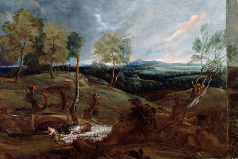 Paisagem ao pôr do sol com um pastor e seu rebanho - Antoine van Dyck