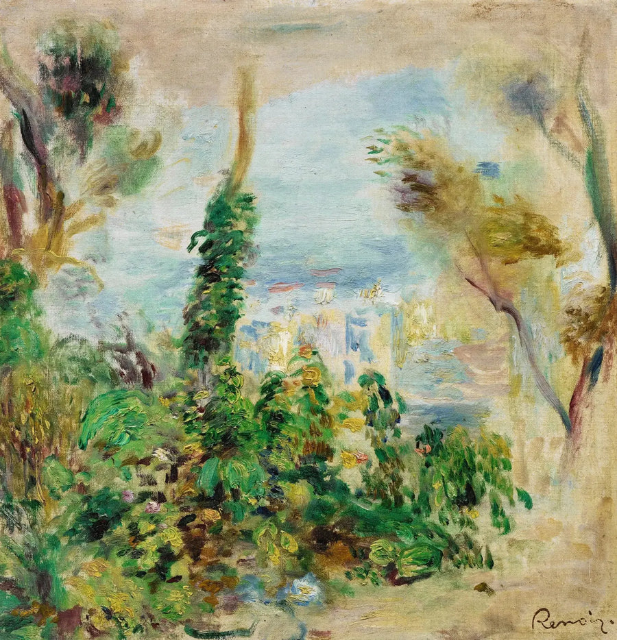 Paisagem, com flores trepadeiras em primeiro plano, ao fundo casas - Pierre-Auguste Renoir