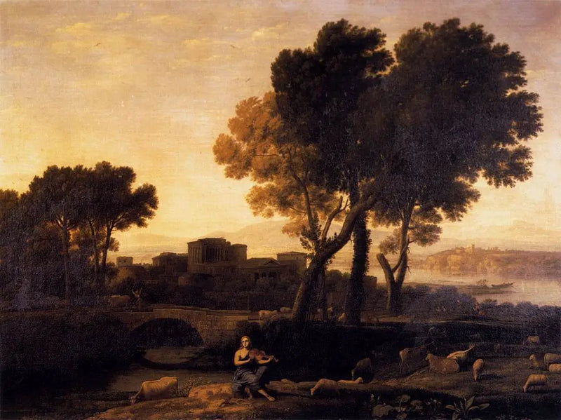 Paisagem com Apolo guardando os rebanhos de Admète e Mercúrio roubando-os - Claude Lorrain