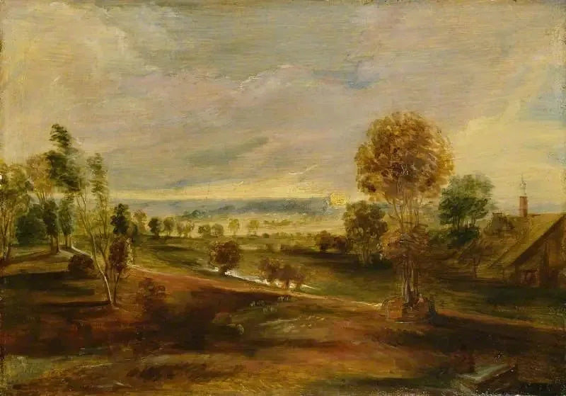 Paisagem com edifícios agrícolas ao pôr do sol - Peter Paul Rubens