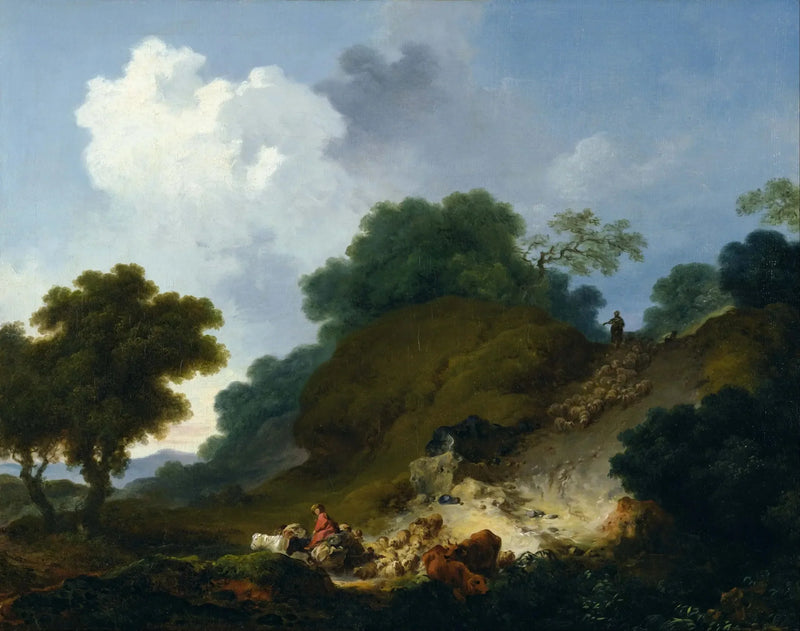 Paisagem com pastores e rebanho de ovelhas - Jean-Honoré Fragonard