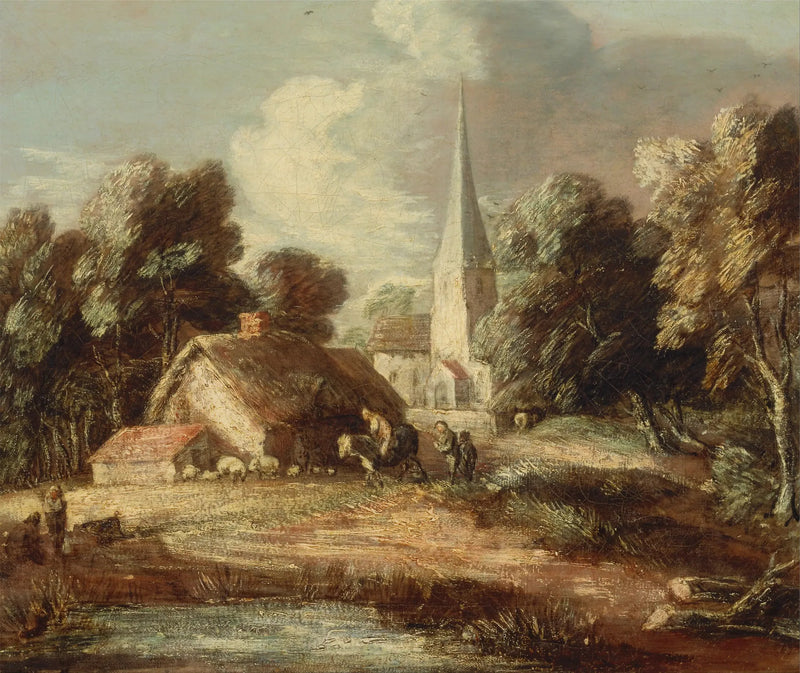 Paisagem com chalé e igreja - Thomas Gainsborough