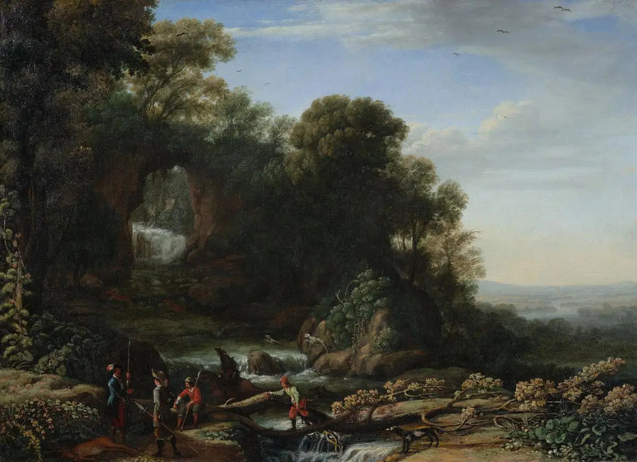 Paisagem com cachoeira e caçadores - Claude Lorrain
