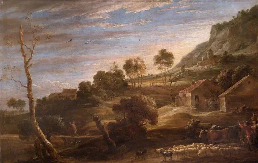 Paisagem com camponeses conduzindo gado: Entardecer - David Teniers o Jovem