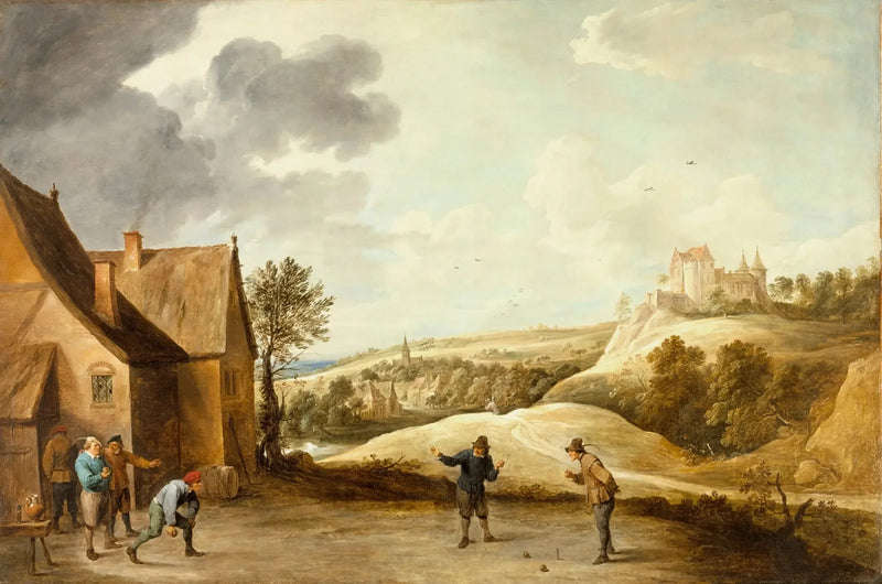 Paisagem com camponeses jogando bocha em frente a uma pousada - David Teniers, o Jovem