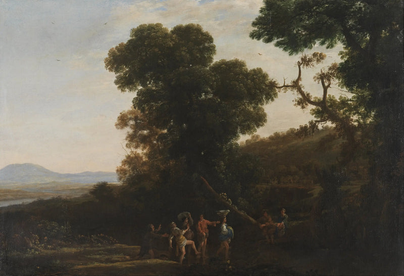 Paisagem com personagens brincando em um riacho - Claude Lorrain