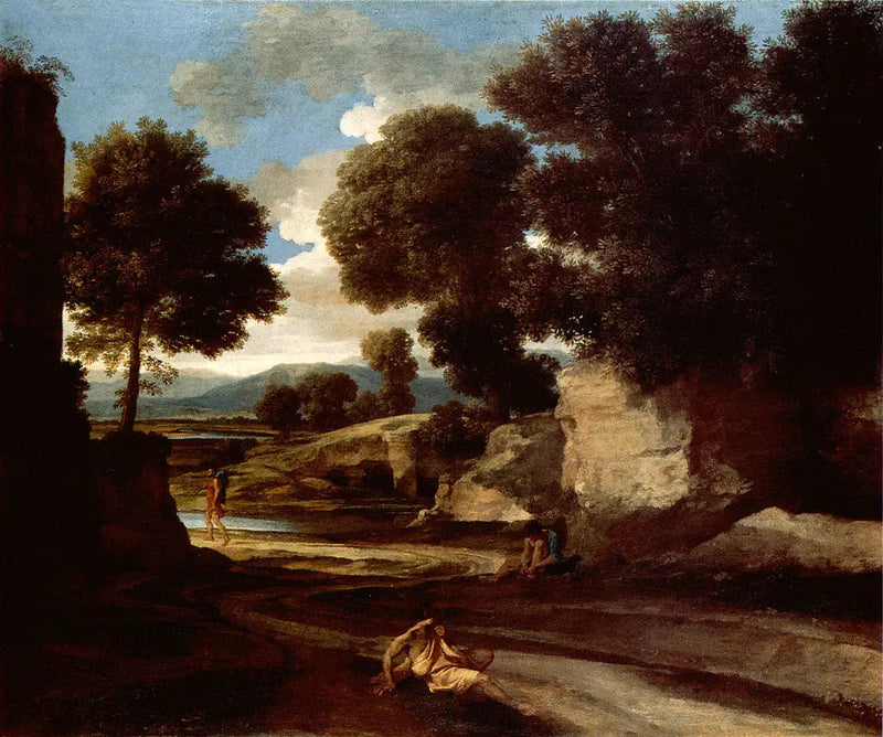 Paisagem com viajantes descansando - Nicolas Poussin