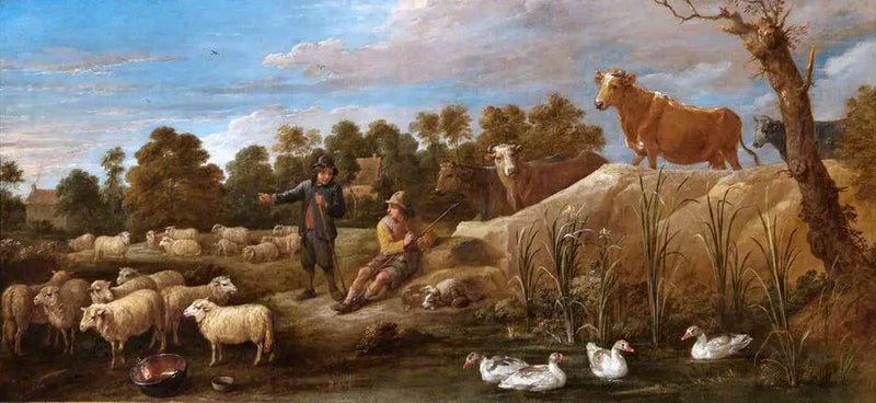 Paisagem com dois pastores, gado e patos - David Teniers, o Jovem