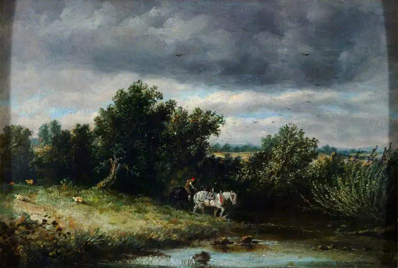 Paisagem com dois cavalos e um riacho - John Constable