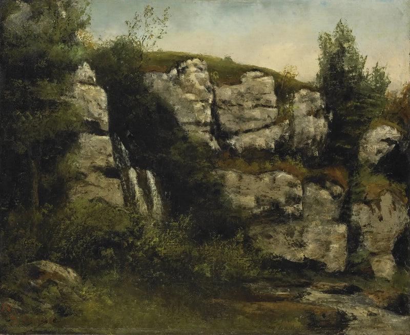 Paisagem com falésias rochosas e cachoeira - Gustave Courbet