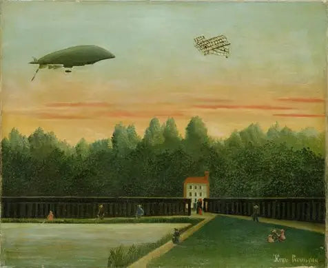 Paisagem com o dirigível República e um avião Wright - Henri Rousseau