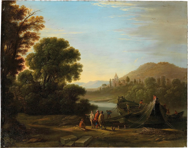 Paisagem com personagens carregando lenha em um barco - Claude Lorrain