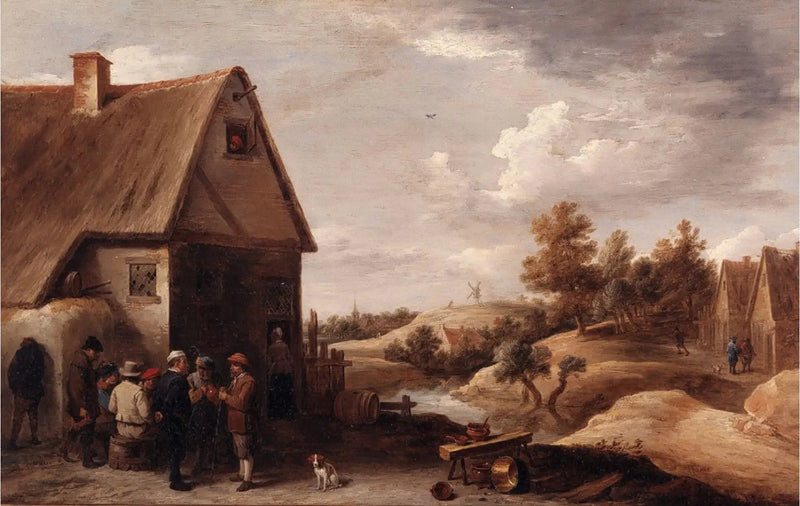 Paisagem com personagens em frente a uma casa com telhado de palha - David Teniers Júnior