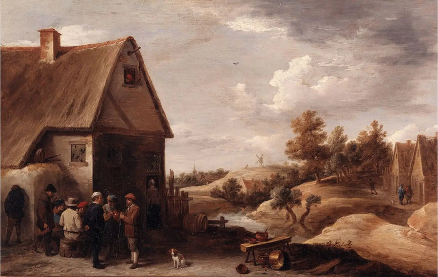 Paisagem com personagens em frente a uma casa com telhado de palha - David Teniers Júnior