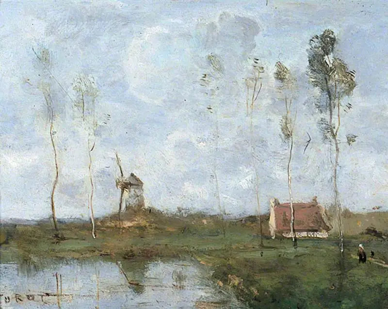 Paisagem com uma cabana e um moinho de vento - Jean-Baptiste Camille Corot