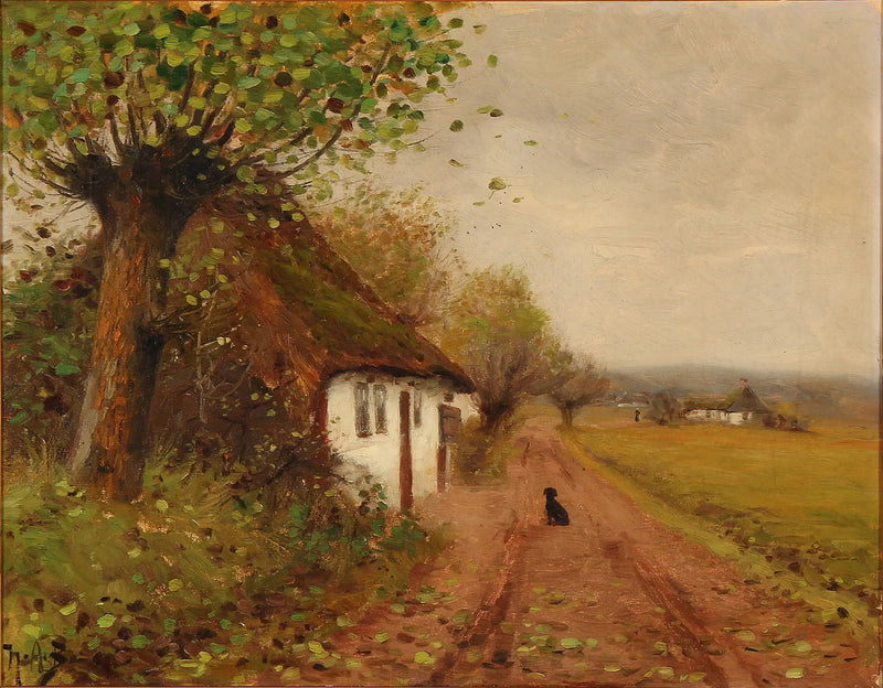 Paisagem com um cachorro esperando em uma estrada rural - H. A. Brendekilde