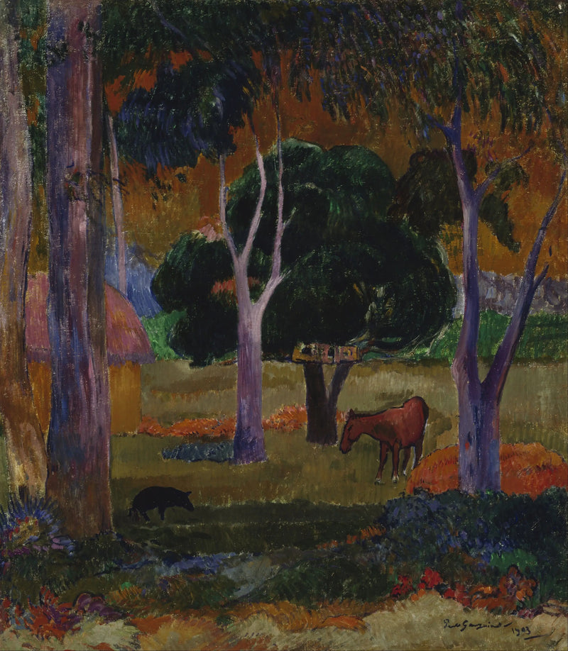 Paisagem com um porco e um cavalo - Paul Gauguin
