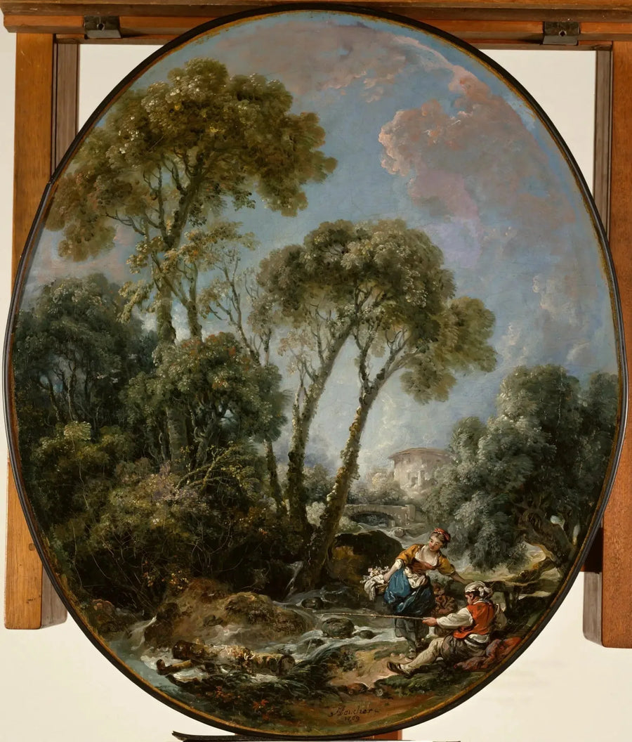 Paisagem com um pescador e uma jovem mulher - François Boucher