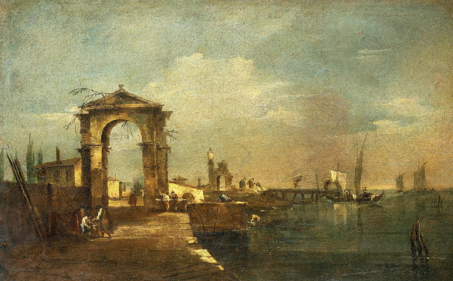 Paisagem com um cais e barcos em um lago - Francesco Guardi
