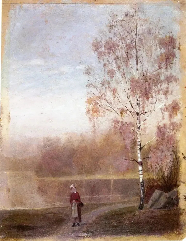 Paisagem com uma mulher caminhando ao longo de um lago - Edvard Munch