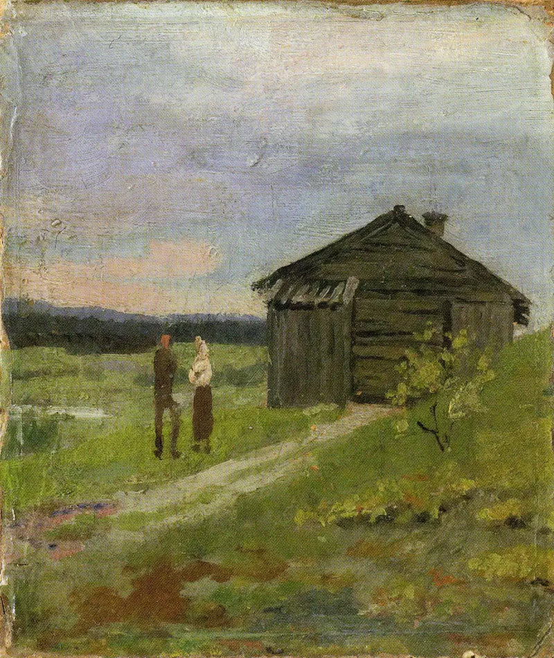 Paisagem com uma pequena casa e duas pessoas - Edvard Munch