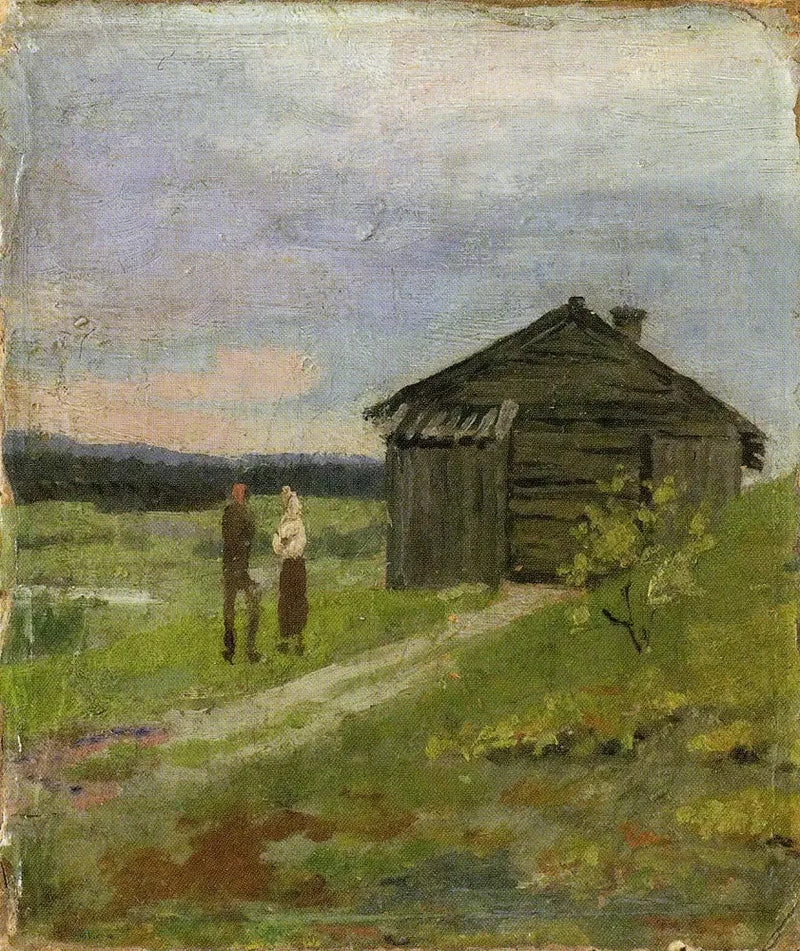 Paisagem com uma pequena casa e duas pessoas - Edvard Munch