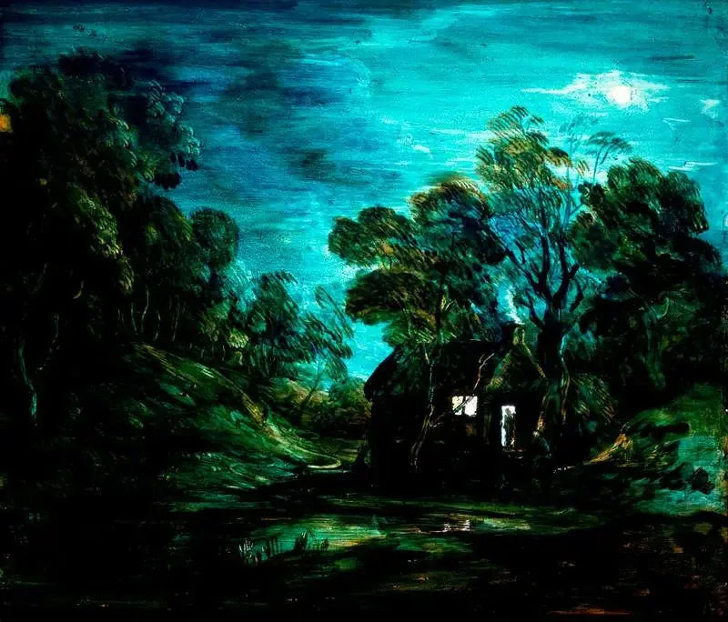 Paisagem arborizada ao luar com uma piscina e uma silhueta na porta de uma cabana - Thomas Gainsborough