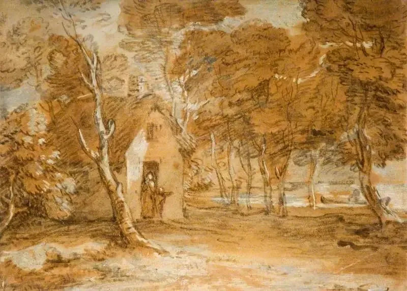 Paisagem arborizada com chalé, personagens e barco em um lago - Thomas Gainsborough