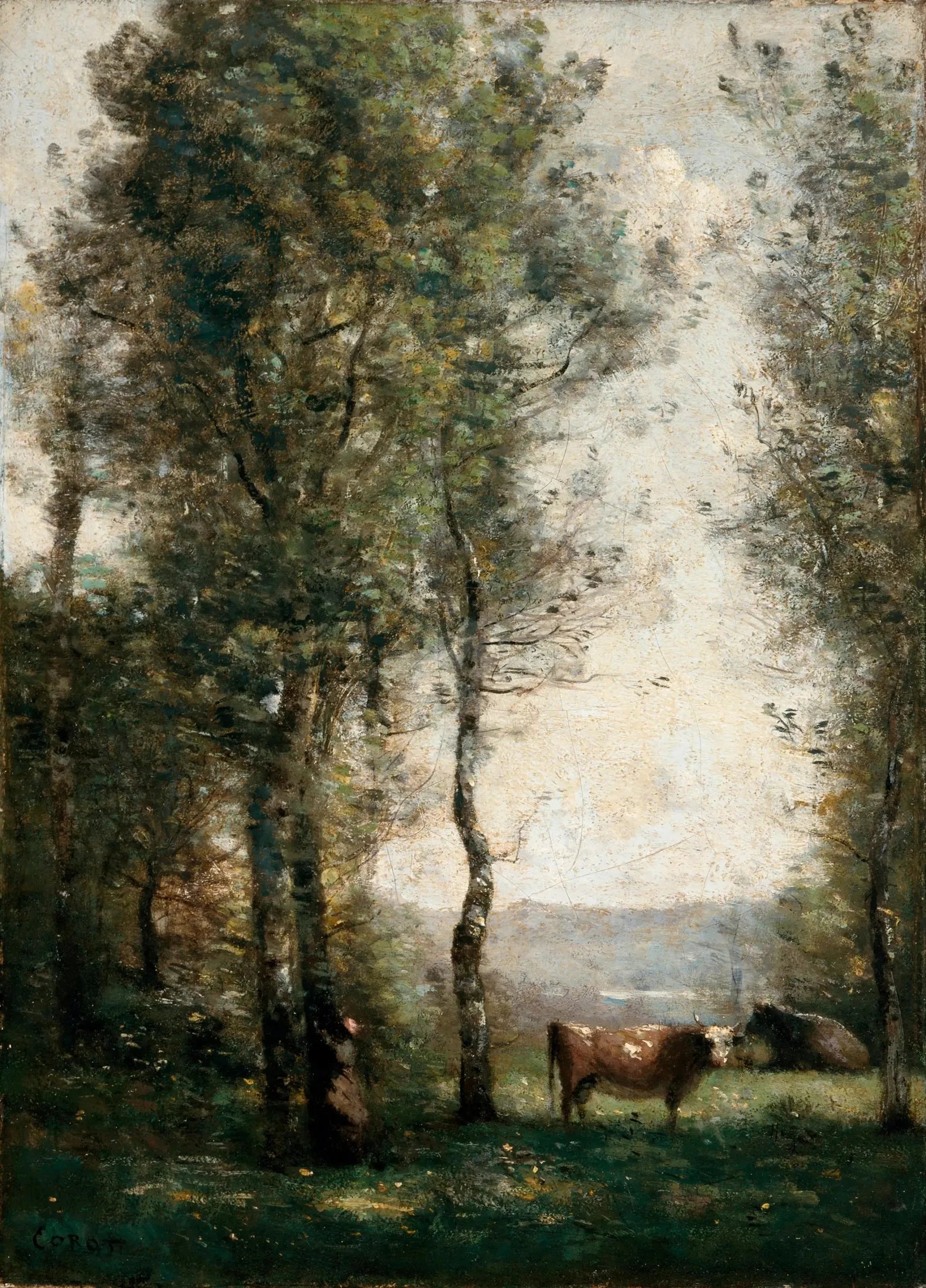 Paysage boisé avec des vaches dans une clairière - Jean-Baptiste Camille Corot image 1 tableau peint à l’huile sur toile