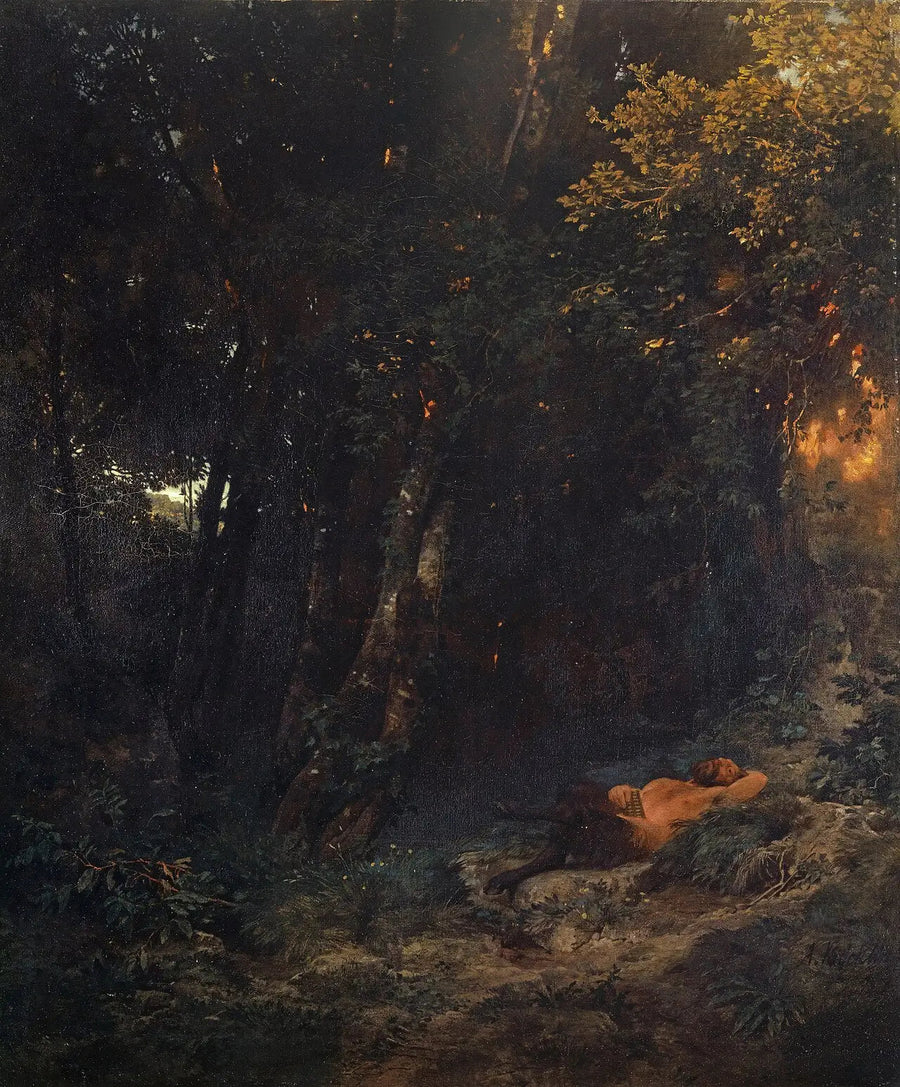 Paisagem arborizada com Pan descansando - Arnold Böcklin